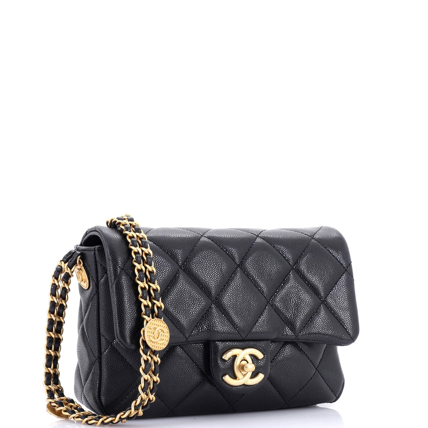 Twist Your Buttons Flap Bag Quilted Caviar Small