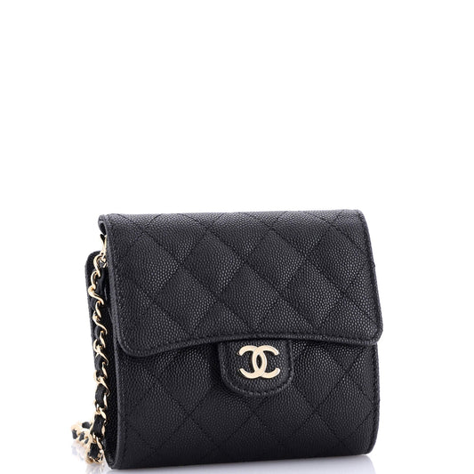 Flap Zip Around Card Case On Chain Quilted Caviar Mini