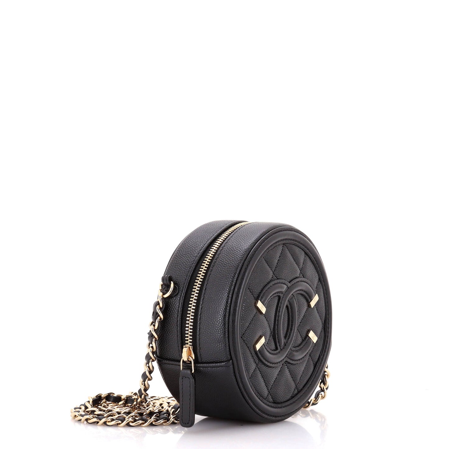 Filigree Round Clutch with Chain Quilted Caviar Mini