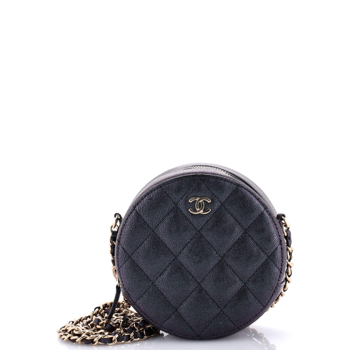 Round Clutch with Chain Quilted Iridescent Caviar Mini