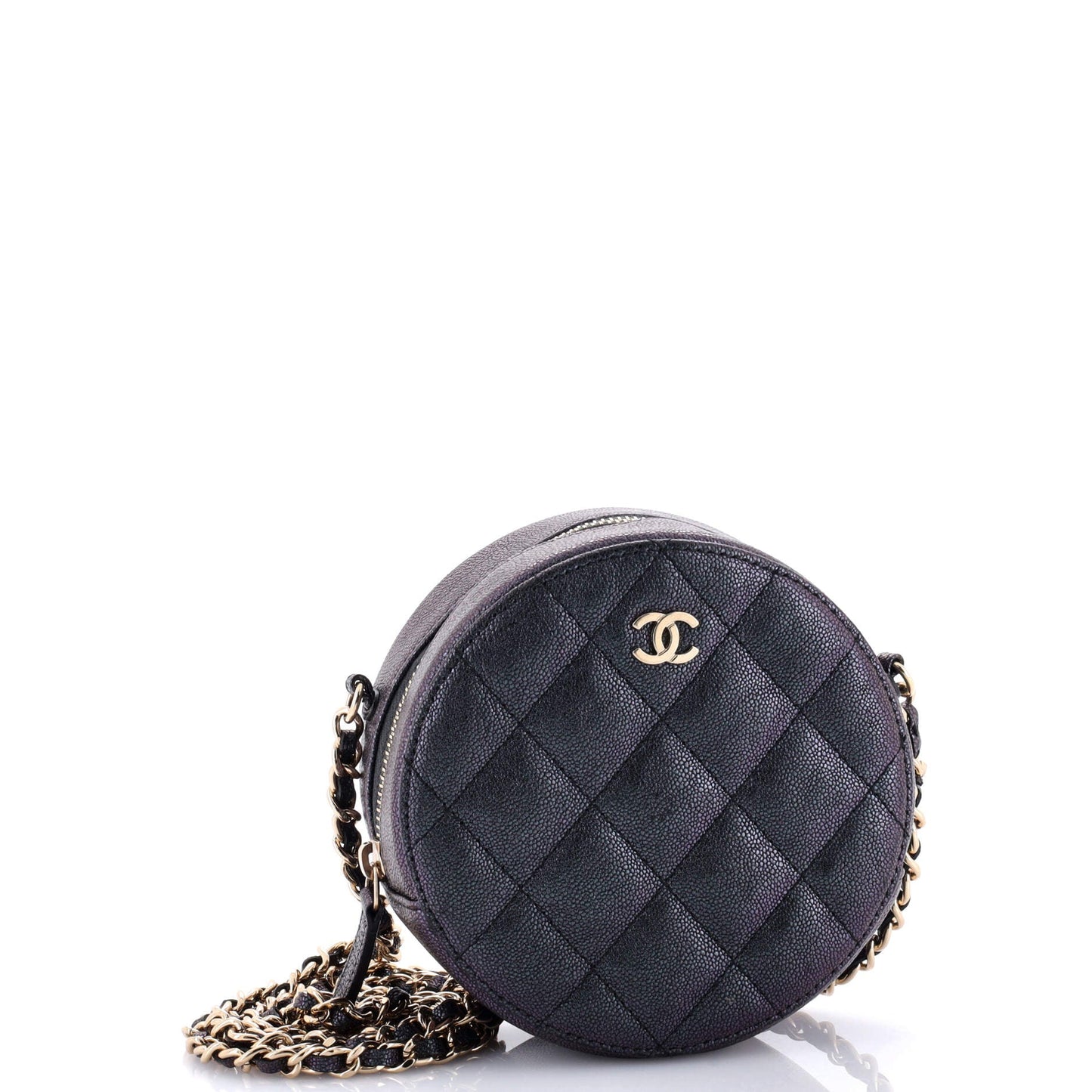 Round Clutch with Chain Quilted Iridescent Caviar Mini