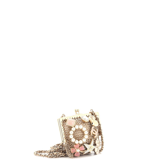 CC Charm Kisslock Frame Clutch with Chain Embellished Metal Mesh Mini