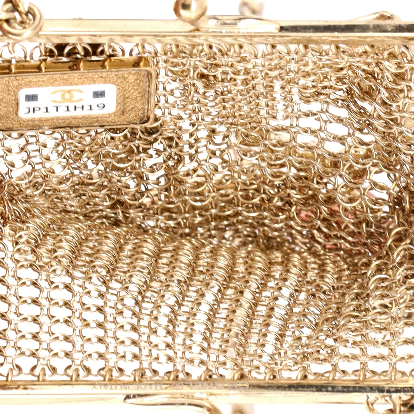 CC Charm Kisslock Frame Clutch with Chain Embellished Metal Mesh Mini