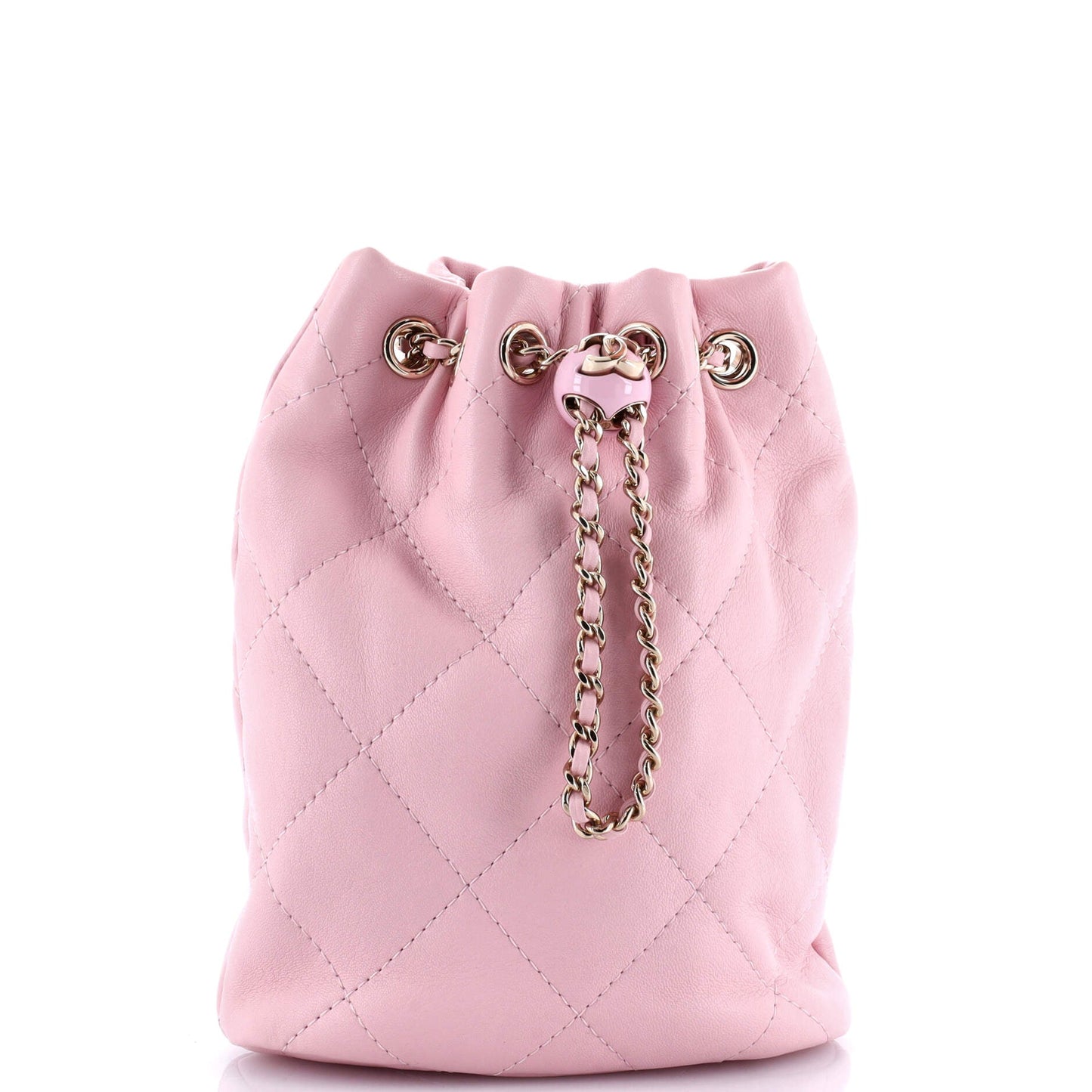 Logo Script Drawstring Chain Backpack Quilted Shiny Lambskin Small