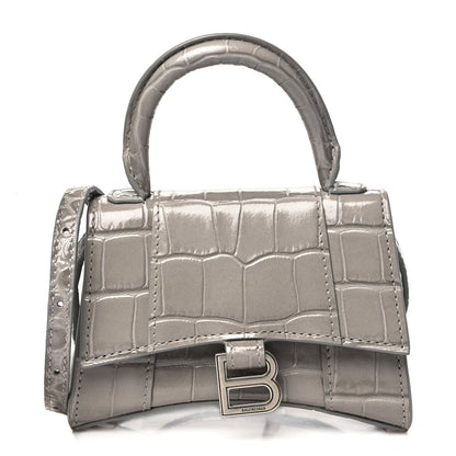 Balenciaga Shiny Calfskin Crocodile Embossed Hourglass Top Handle Bag Mini Steel Grey