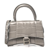 Balenciaga Shiny Calfskin Crocodile Embossed Hourglass Top Handle Bag Mini Steel Grey