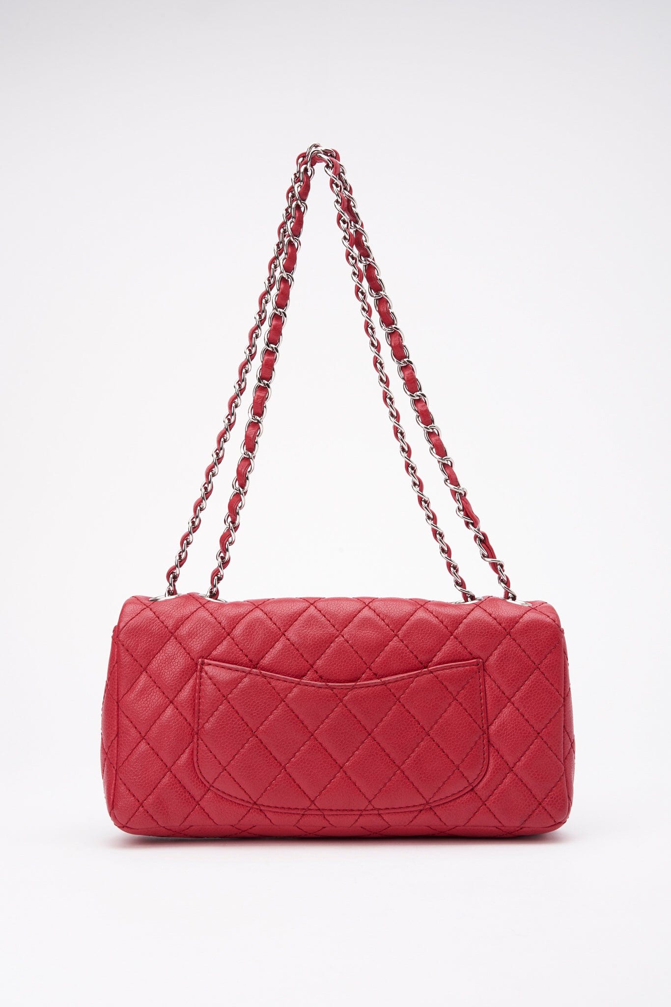 Chanel Red Caviar Leather Single Flap With Silver Hardware