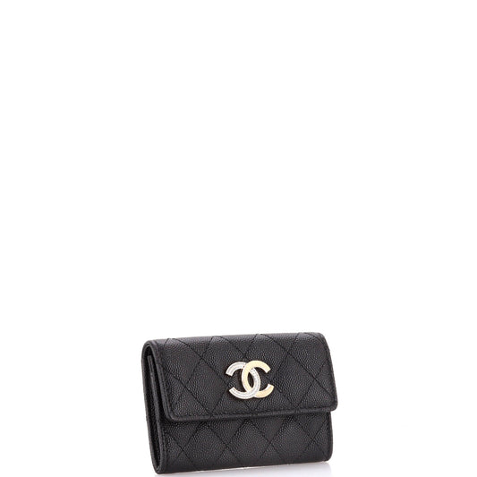 Crystal CC Flap Card Holder Quilted Caviar