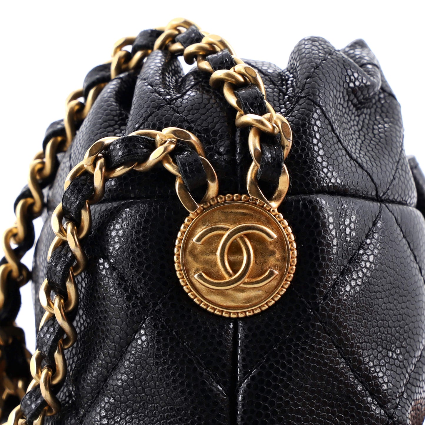 Twist Your Buttons Drawstring Bucket Bag Quilted Caviar Mini