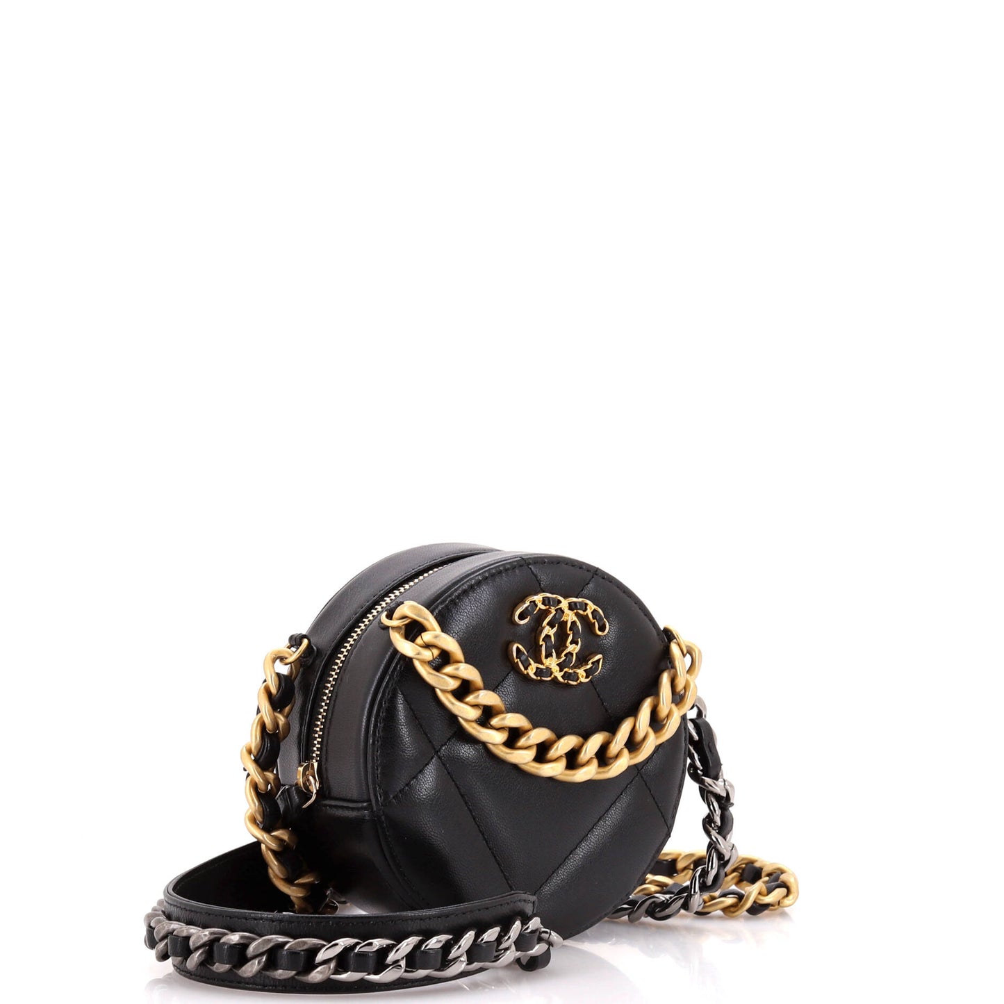 19 Round Clutch with Chain Quilted Leather