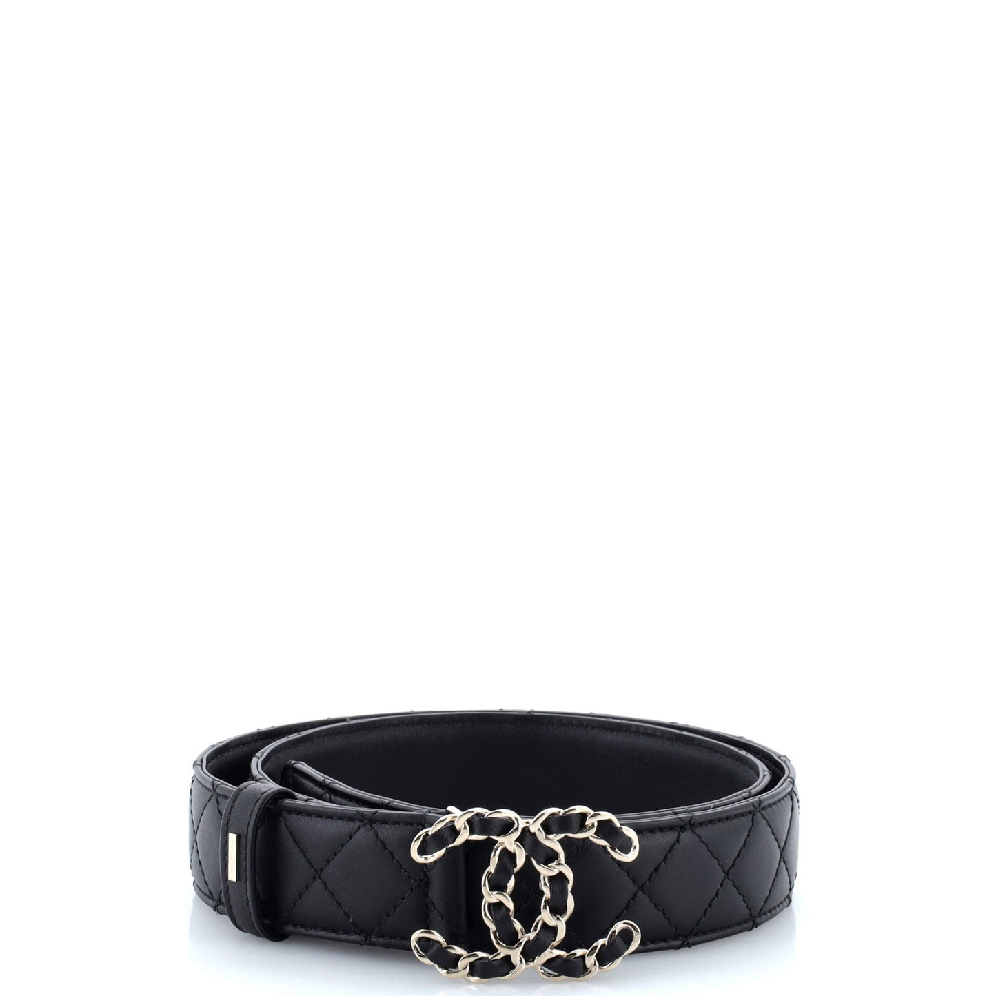 Woven Chain CC Buckle Belt Quilted Leather Wide