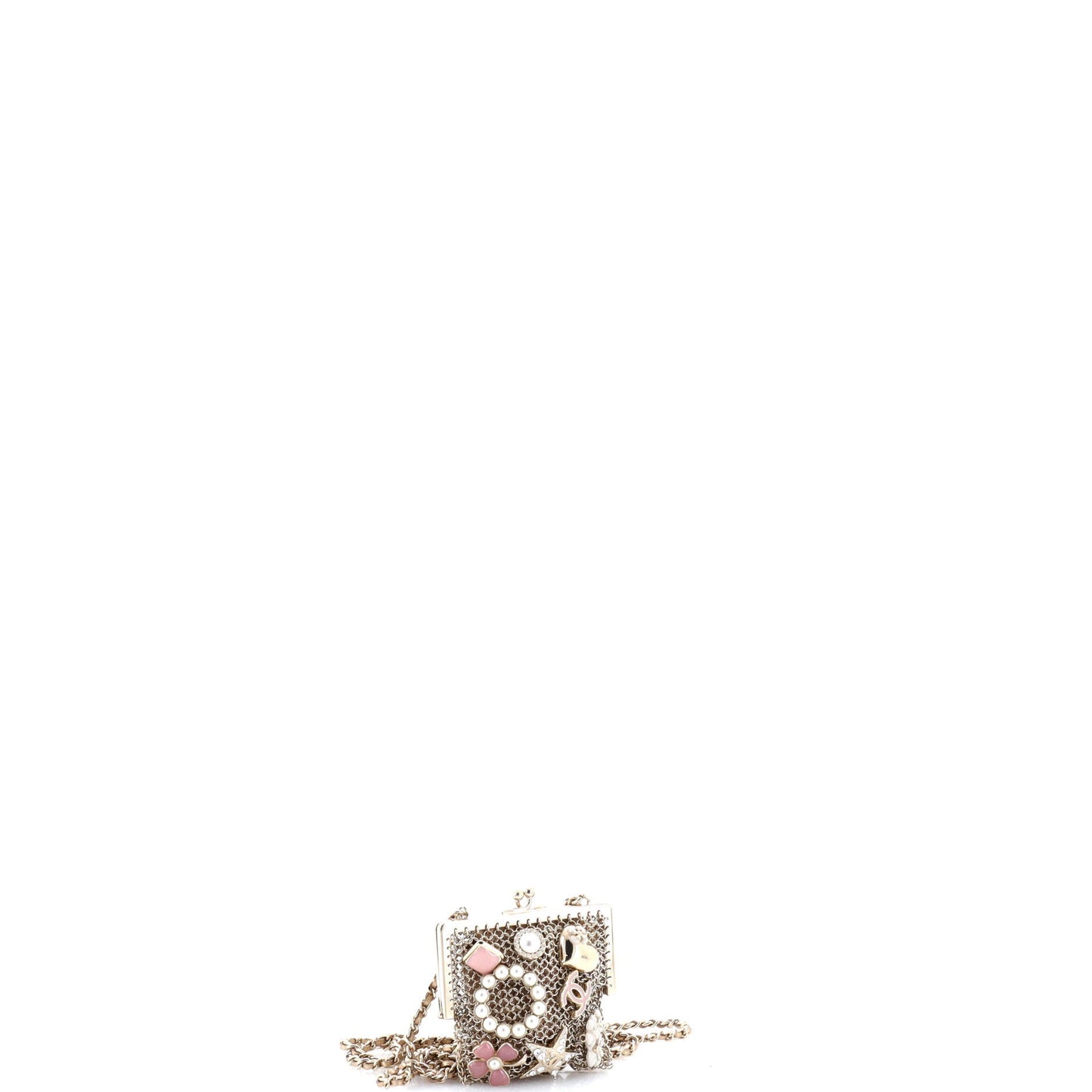 CC Charm Kisslock Frame Clutch with Chain Embellished Metal Mesh Mini