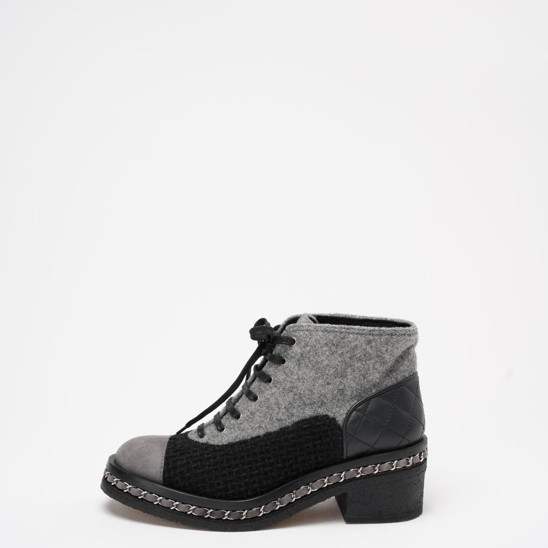 Chanel Black/Grey Tweed Suede Chain Ankle Boots 37