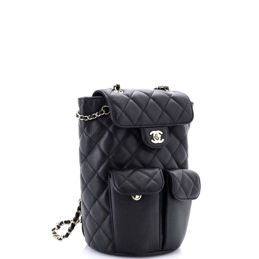 Double Pocket Flap Bucket Backpack Quilted Caviar