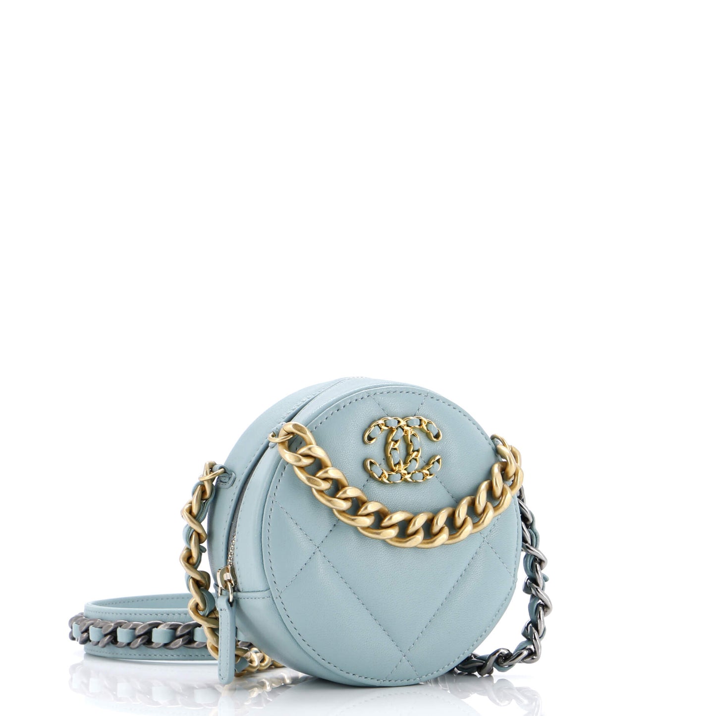 19 Round Clutch with Chain Quilted Leather