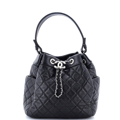CC Chain Drawstring Bucket Bag Quilted Lambskin Small