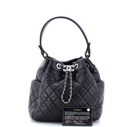 CC Chain Drawstring Bucket Bag Quilted Lambskin Small