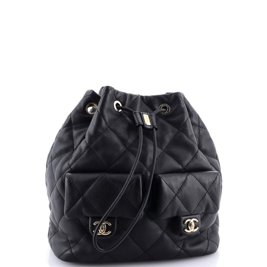 Double Pocket Drawstring Backpack Quilted Calfskin Small