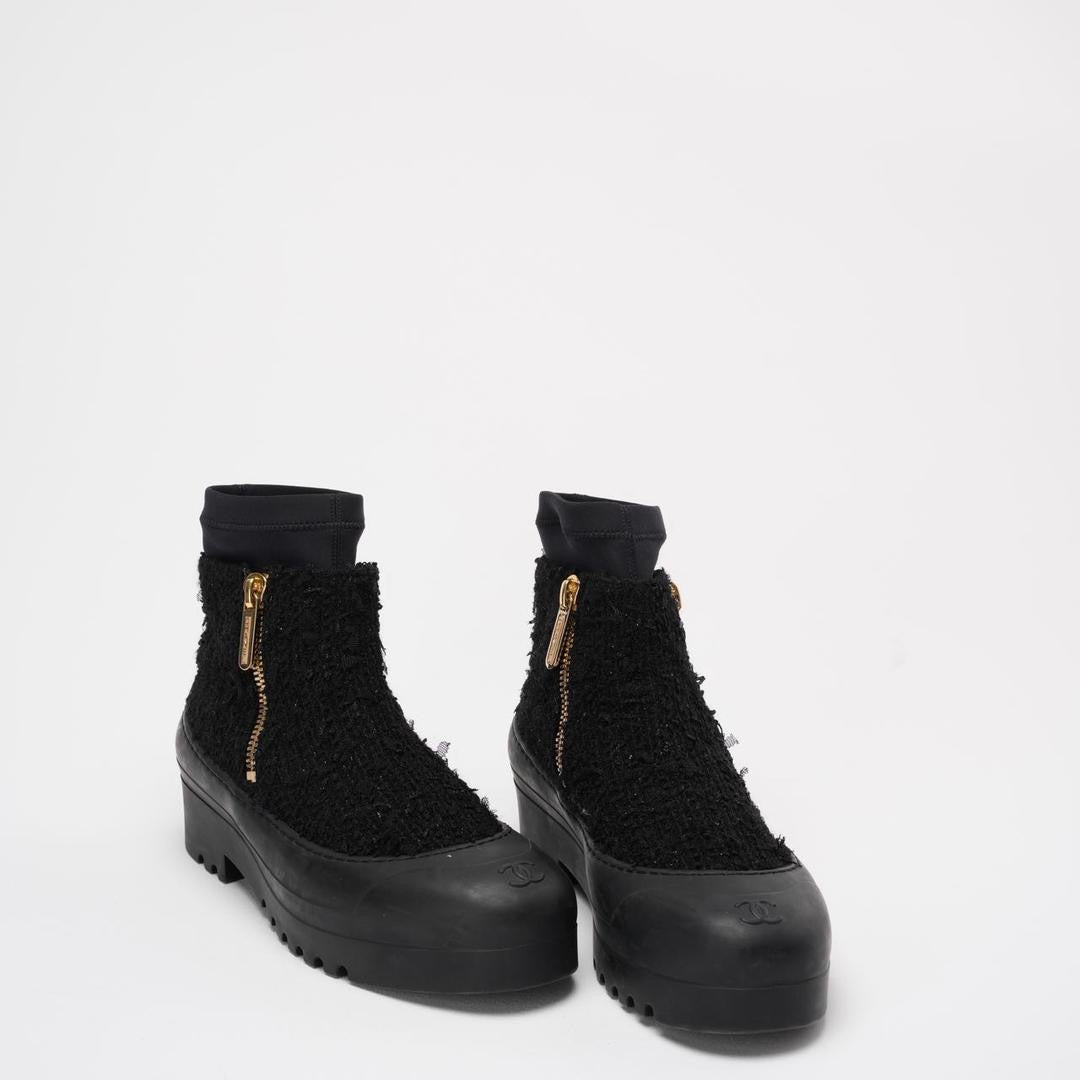 Chanel Black Tweed Rubber CC Short Boots Size 40
