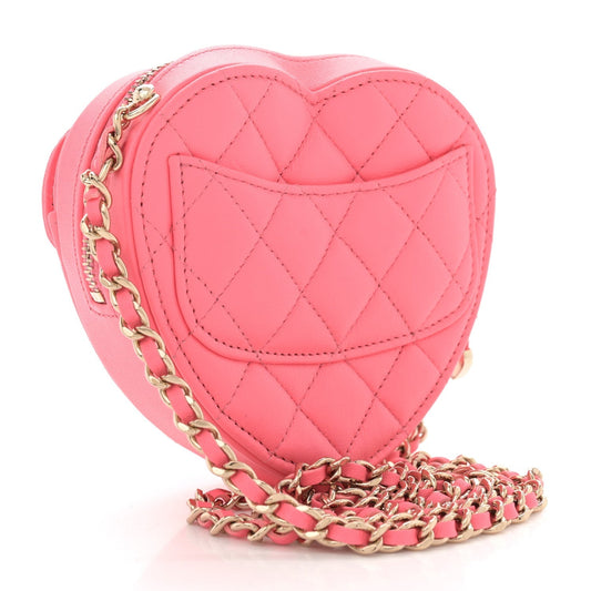 Amelia Lambskin Quilted CC In Love Heart Clutch With Chain Pink