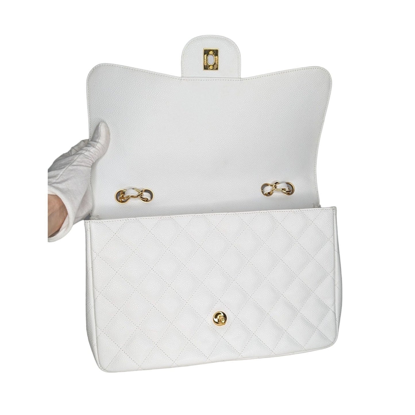 Chanel   Classic Quilted Caviar Single White Jumbo Flap