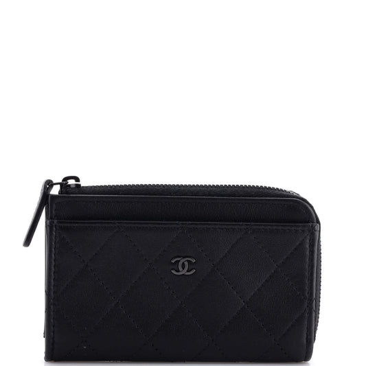 CHANEL So Black Zip Around Card Holder Quilted Lambskin