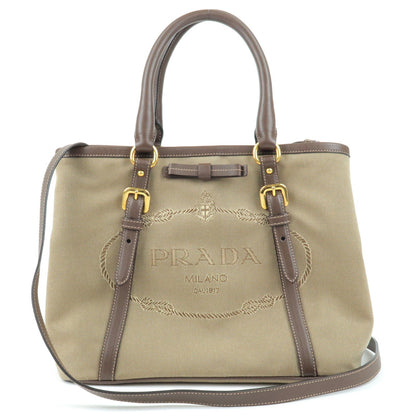 Prada Logo Jacquard Leather 2Way Bag Hand Bag Beige BN1841