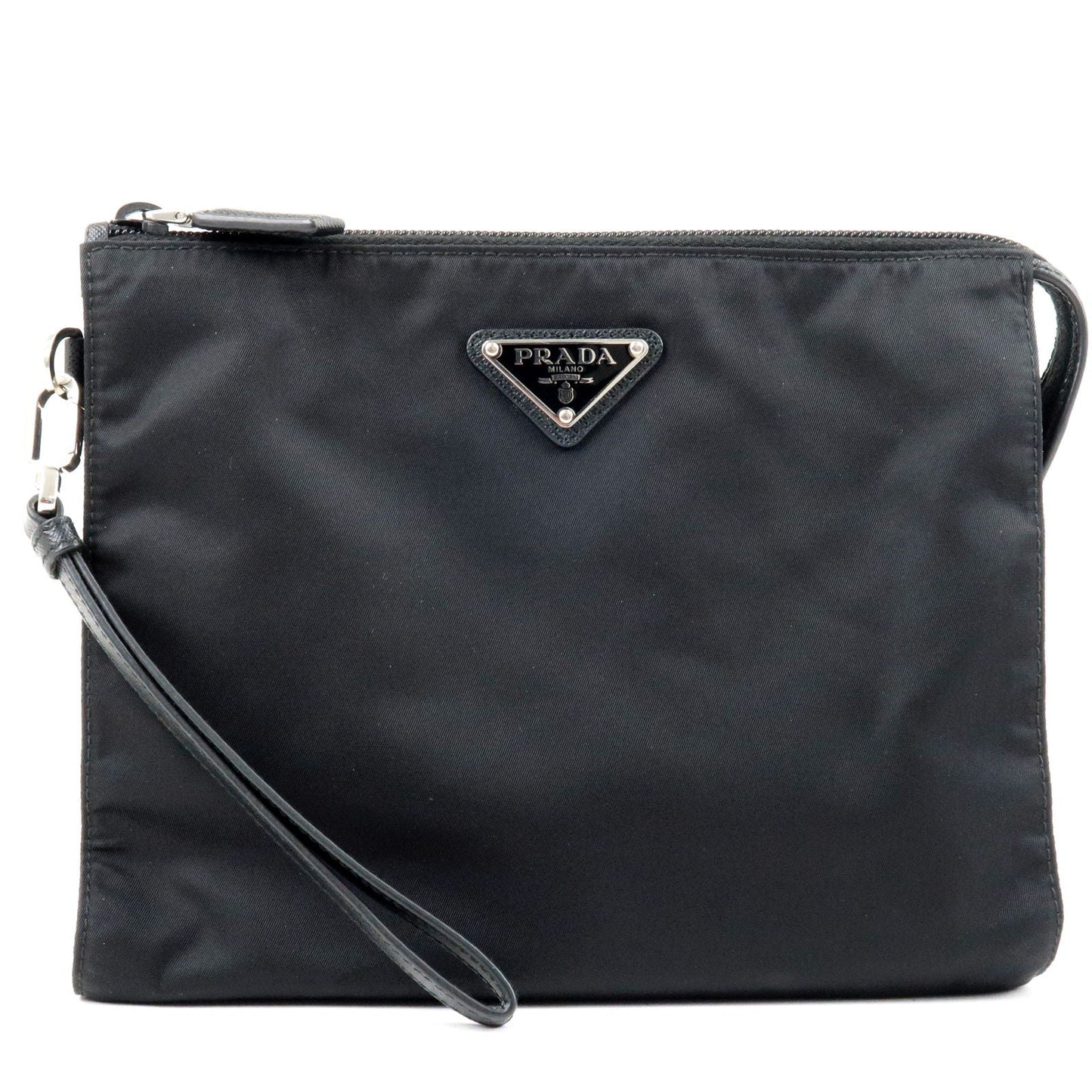 Prada Logo Nylon Leather Clutch Bag Pouch NERO Black 2NE789