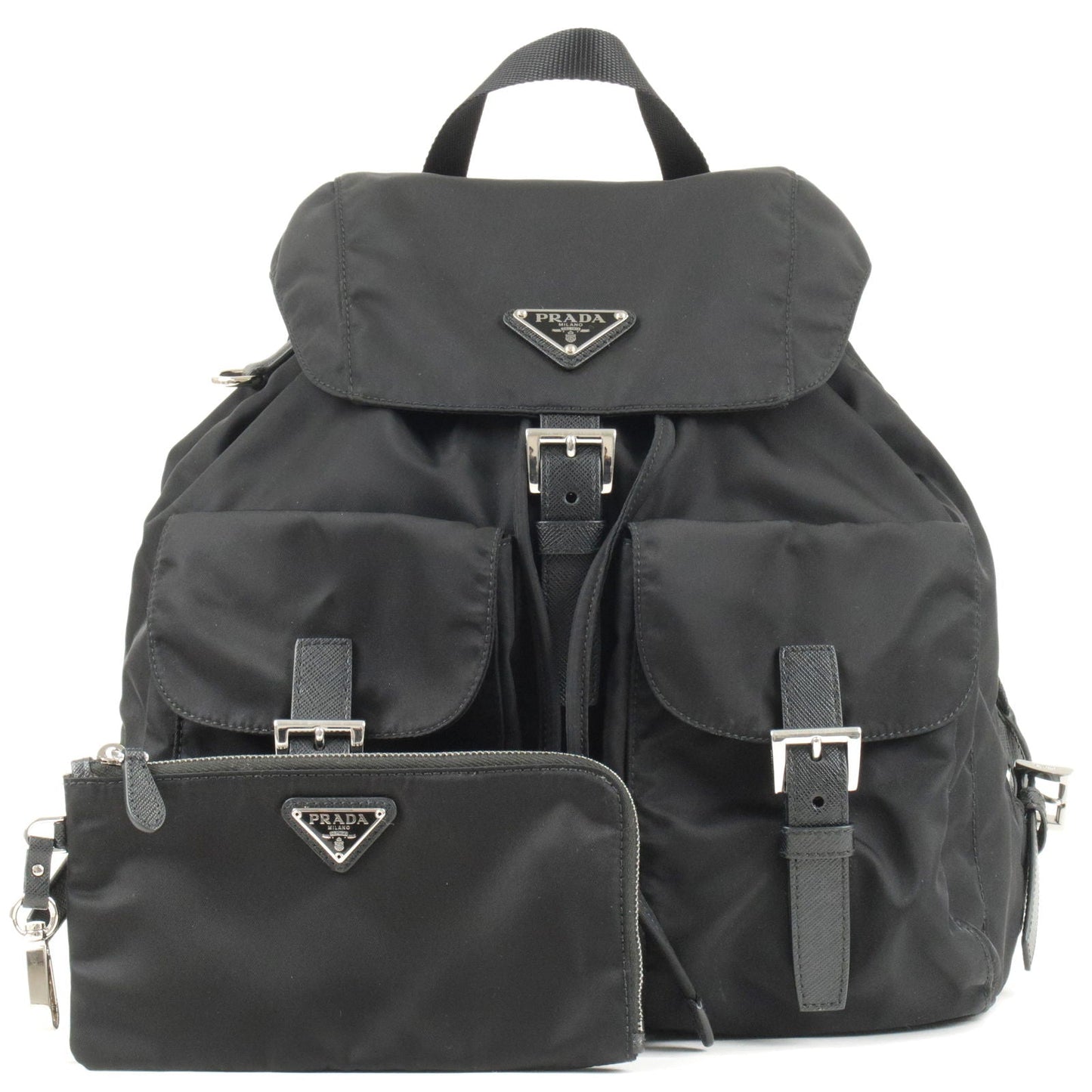 Prada Logo Nylon Leather Ruck Sack Back Pack Bag Black 1BZ811