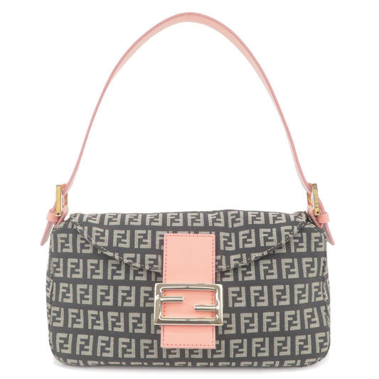 FENDI Zucchino Mamma Baguette Canvas Leather Bag Black Pink 8BR003