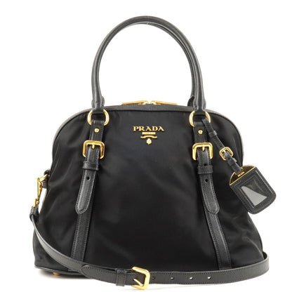 Prada Logo Nylon Leather 2Way Bag Hand Bag Black NERO 1BB013