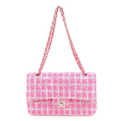 CHANEL Matelasse 25 Tweed Leather Chain W Flap Shoulder Bag Pink