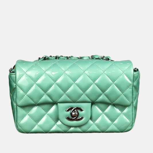 Chanel Classic Flap Rectangular Mini Green Patent Leather Silver HW