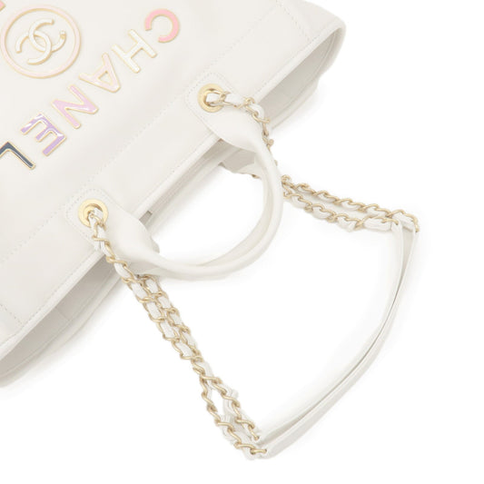 CHANEL Deauville Leather 2WAY Chain Tote Bag GM White A66941