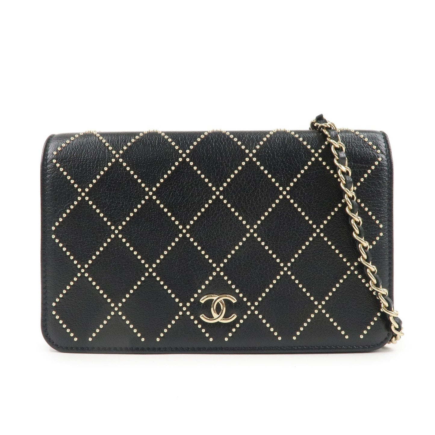 CHANEL Matelasse Leather Shoulder Bag Chain On Wallet WOC Black