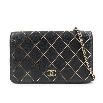 CHANEL Matelasse Leather Shoulder Bag Chain On Wallet WOC Black