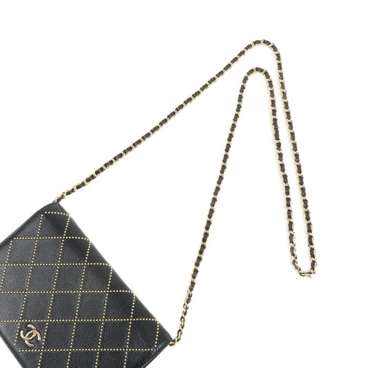 CHANEL Matelasse Leather Shoulder Bag Chain On Wallet WOC Black