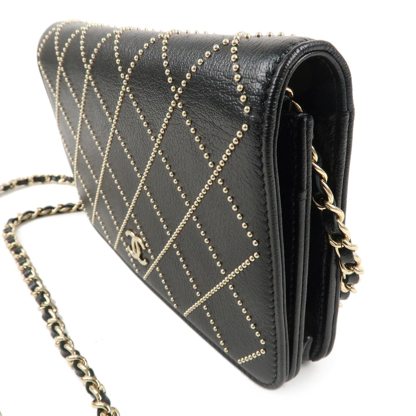 CHANEL Matelasse Leather Shoulder Bag Chain On Wallet WOC Black
