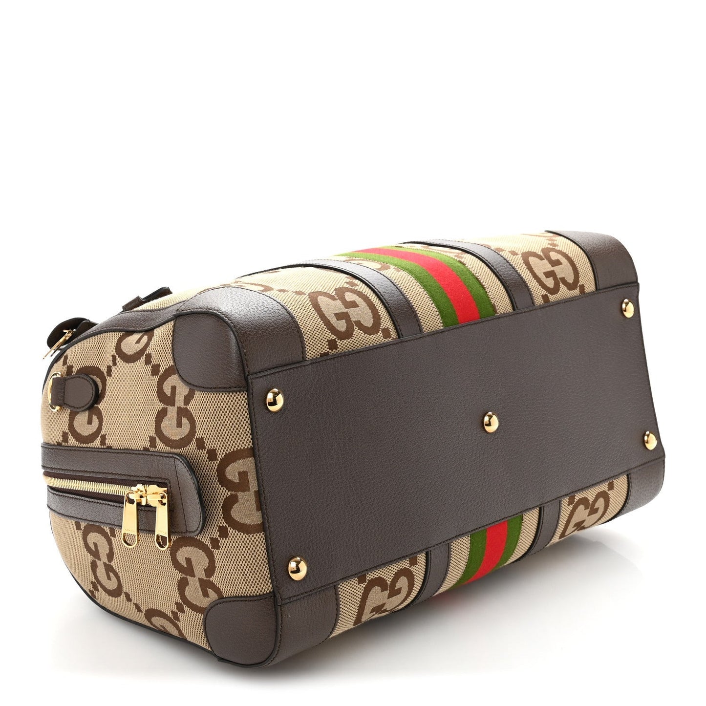 Amelia Monogram Jumbo GG Textured Dollar Calfskin Web Medium Duffle Bag Camel Ebony