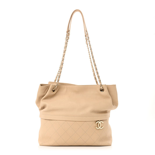 Amelia Caviar Stitched Shopping Tote Beige