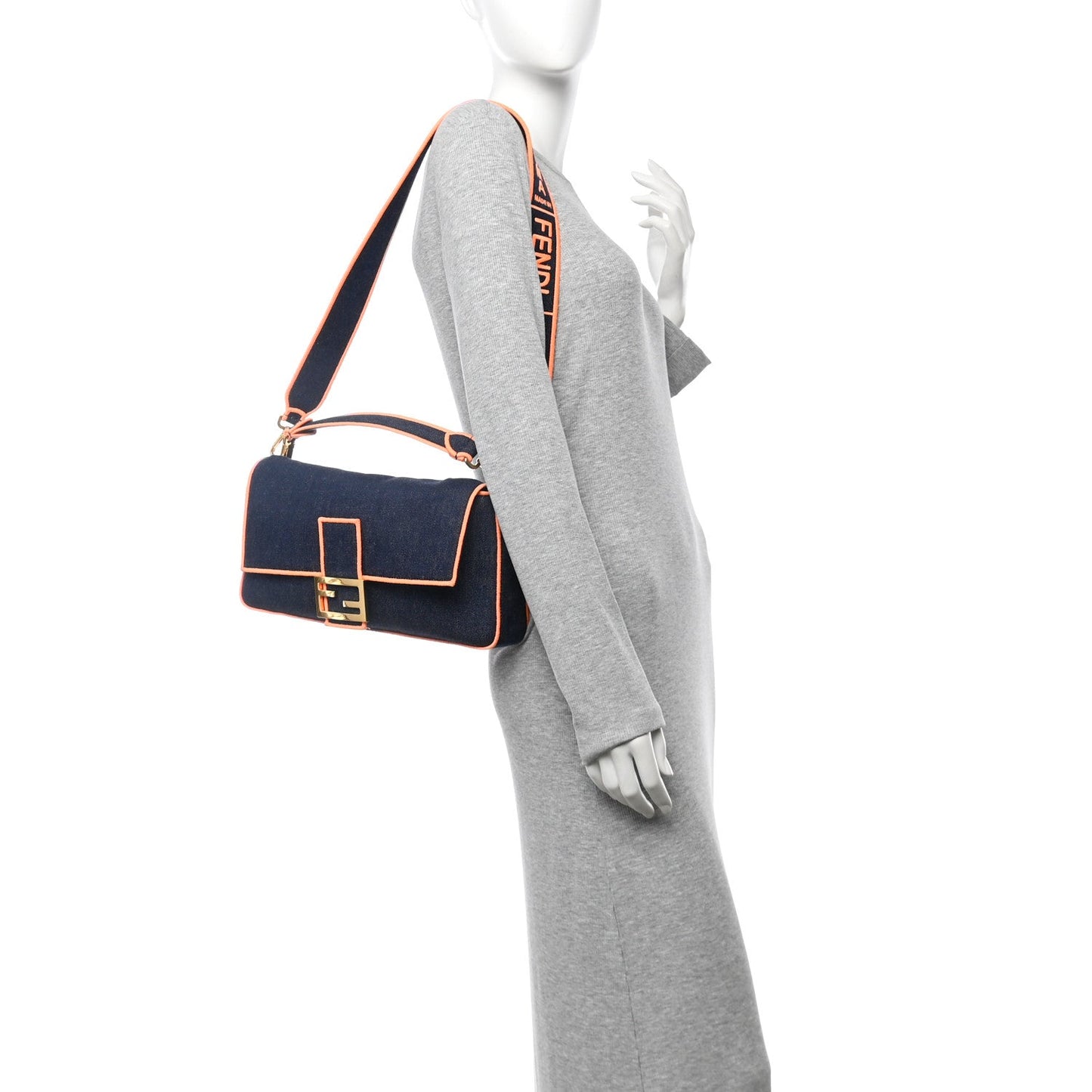 Amelia Denim Large Baguette Blue Arancio Fluo