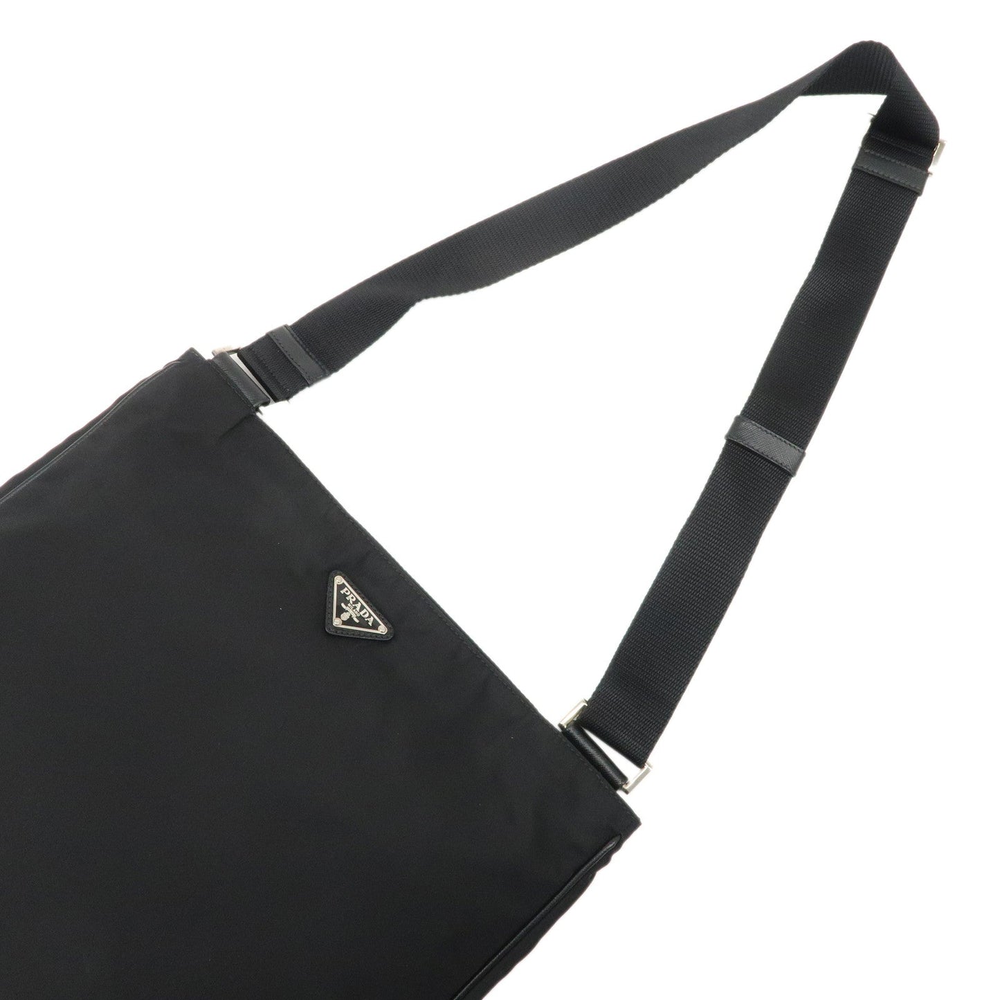 PRADA Triangle Logo Nylon Saffiano Leather Shoulder Bag Black  d