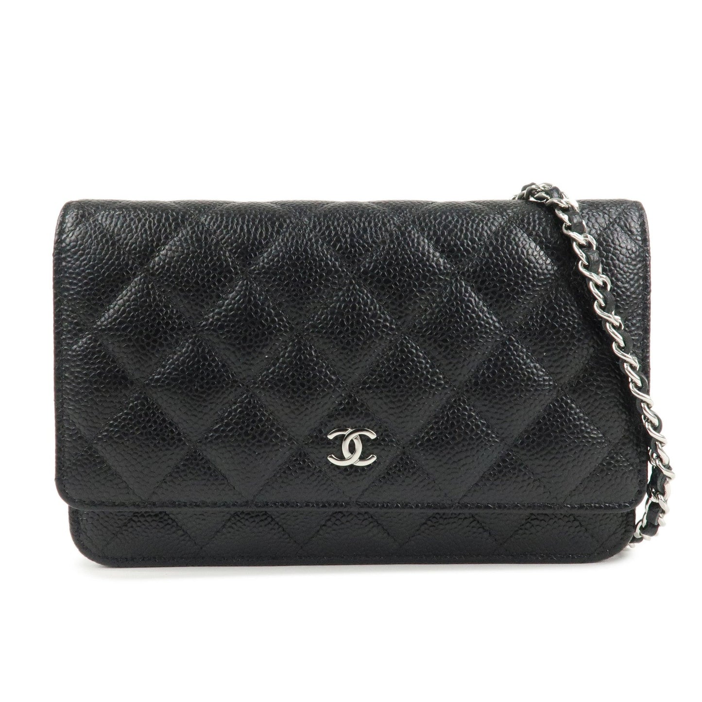 CHANEL Caviar Skin Chain Shoulder Wallet Purse Black Silver AP0250  d