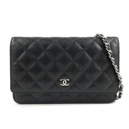 CHANEL Caviar Skin Chain Shoulder Wallet Purse Black Silver AP0250  d