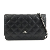 CHANEL Caviar Skin Chain Shoulder Wallet Purse Black Silver AP0250  d