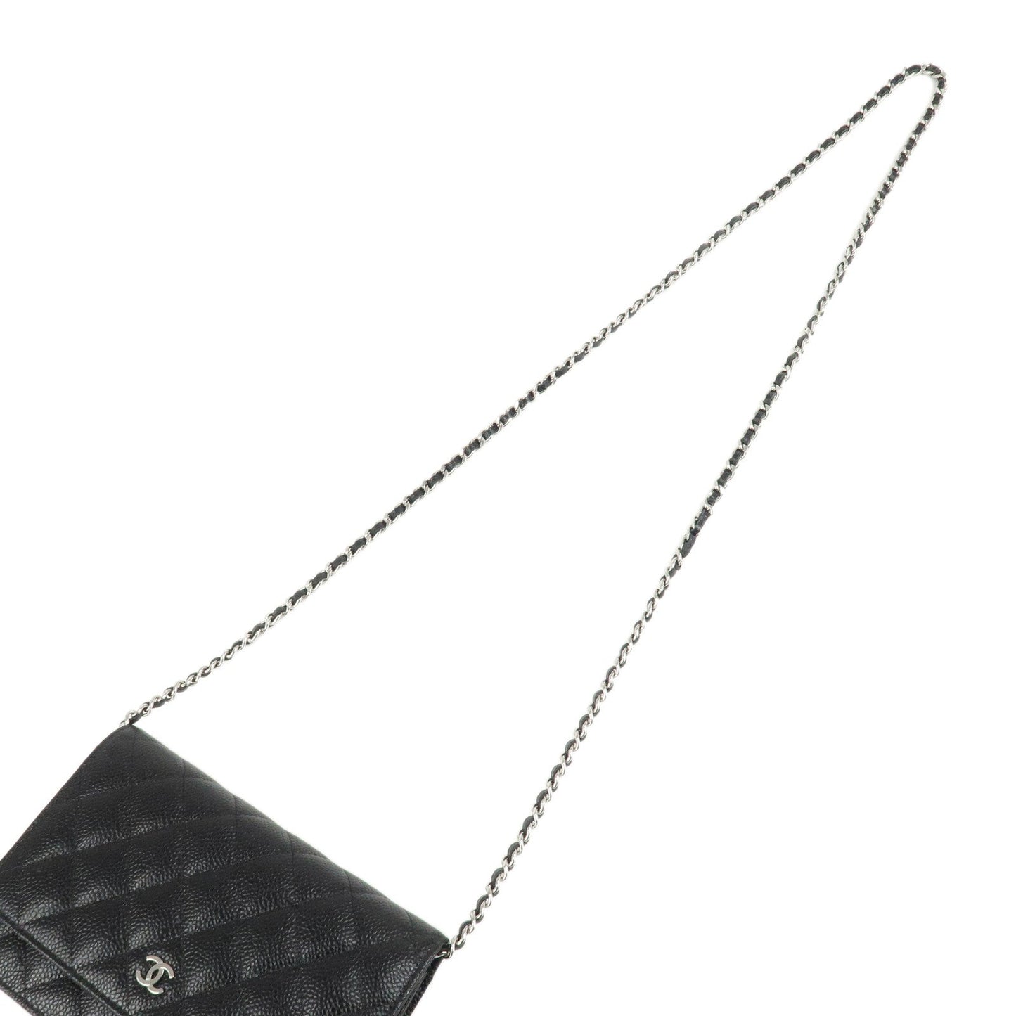 CHANEL Caviar Skin Chain Shoulder Wallet Purse Black Silver AP0250  d