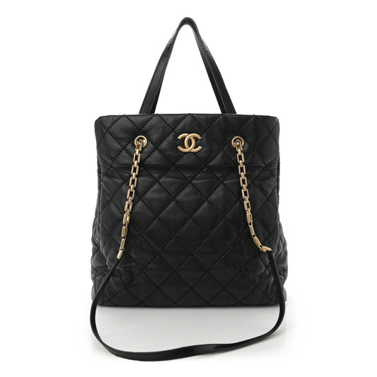 Amelia Calfskin Quilted Large Retro Chain Tote Black
