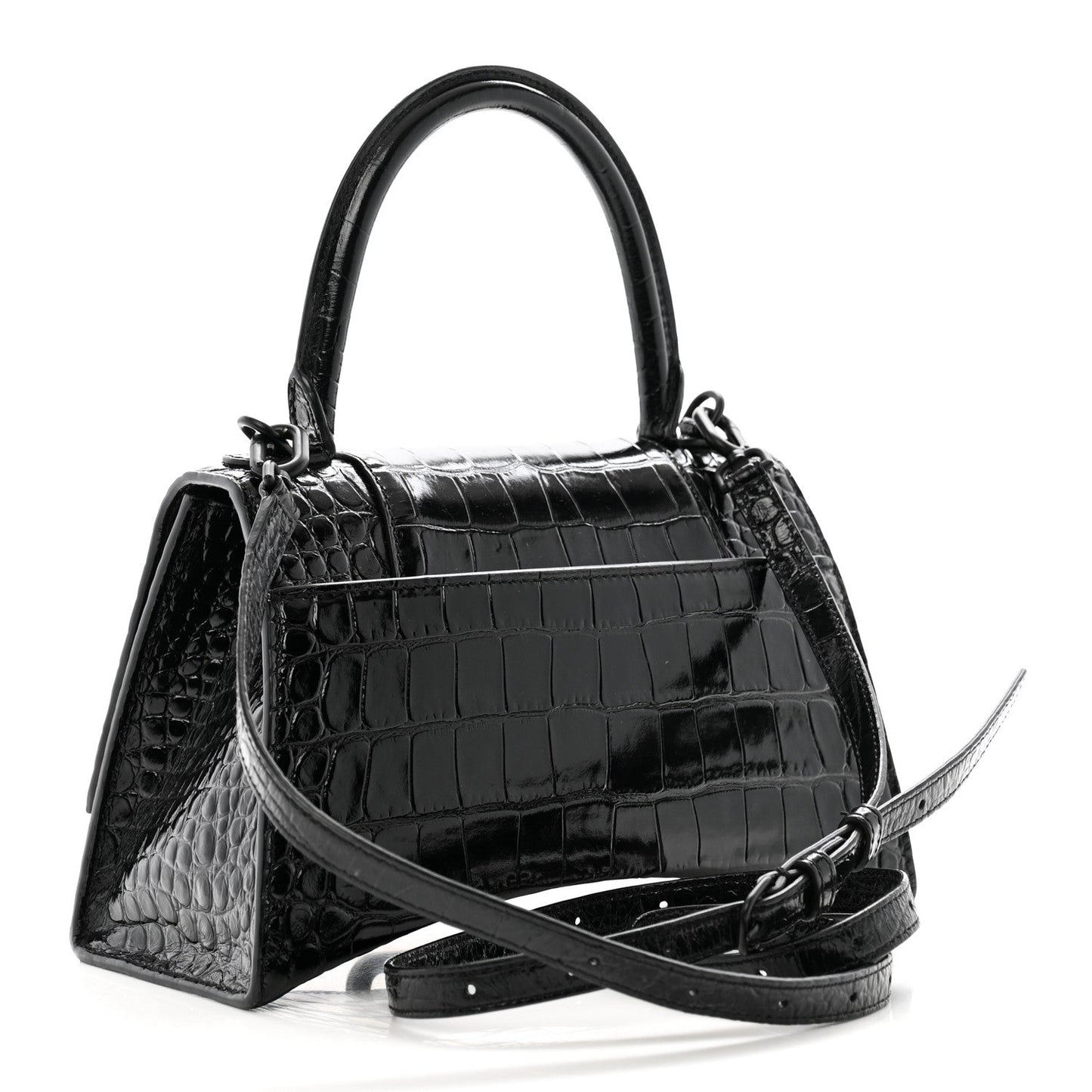 Balenciaga Shiny Calfskin Monochrome Crocodile Embossed Small Hourglass Top Handle Bag Black