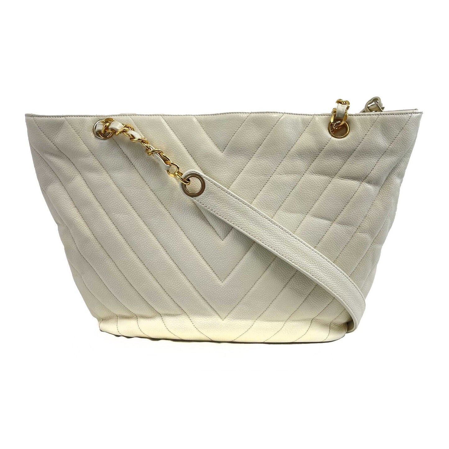 CHANEL -   1994 White Leather Small Chevron Tote / Shoulder Bag