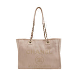 Chanel Deauville Tote Light Pink Cloth Leather Chain Strap Small 34cm